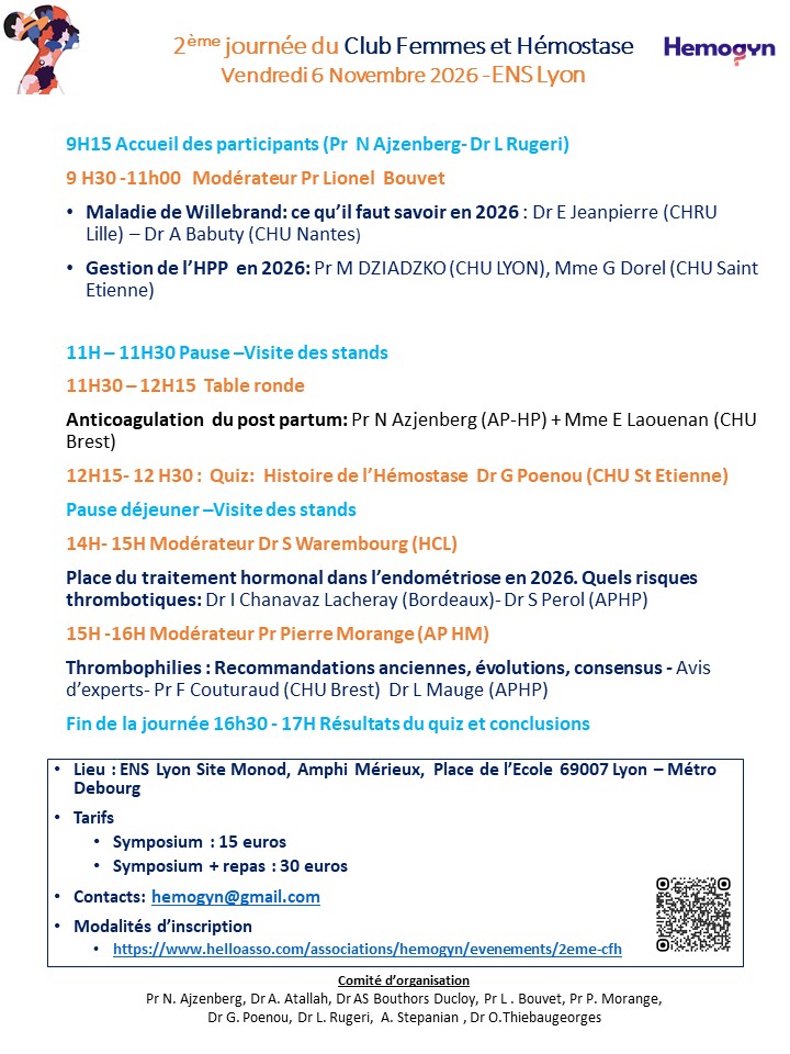 Programme de la 2ème journée du Club Femmes et Hémostase, vendredi 6 novembre 2026 à l'ENS Lyon